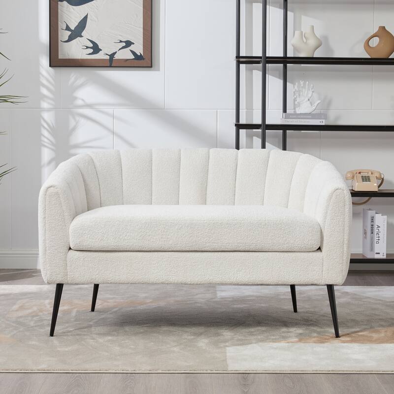Upholstered Mini Loveseat Accent Couch, Modern Glam Small Settee - Ivory