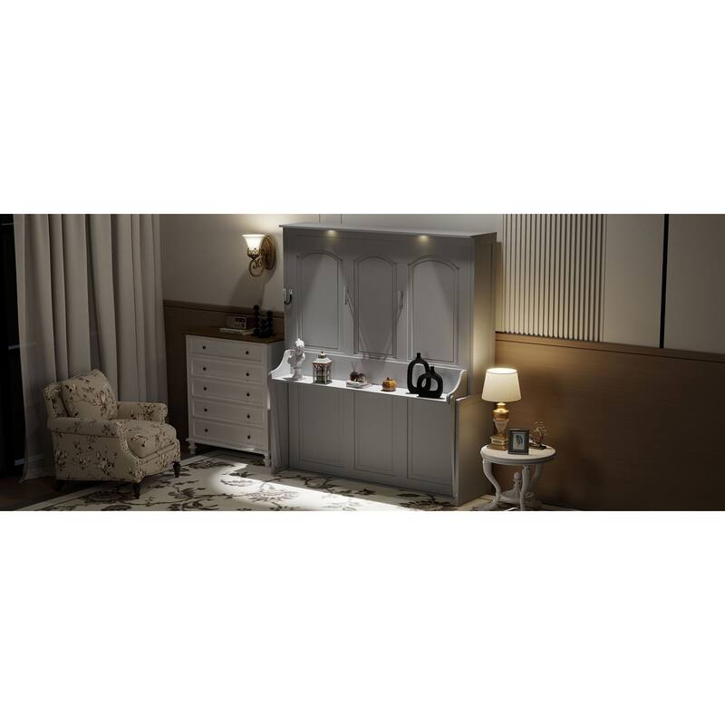 Roomfitters Queen Size Murphy Bed with Folding Desk and USB Charging Ports, Space-Saving Wall Bed with LED Lights