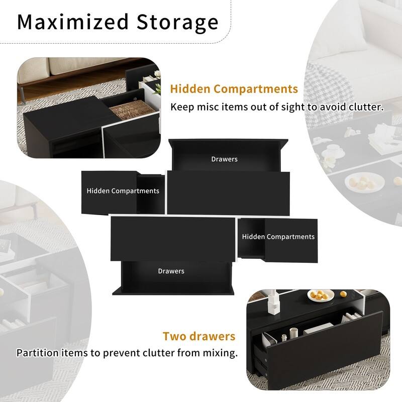 47.2''-72.7'' Extendable Coffee Table, Multi-Functional Coffee Table with High-Gloss Finish