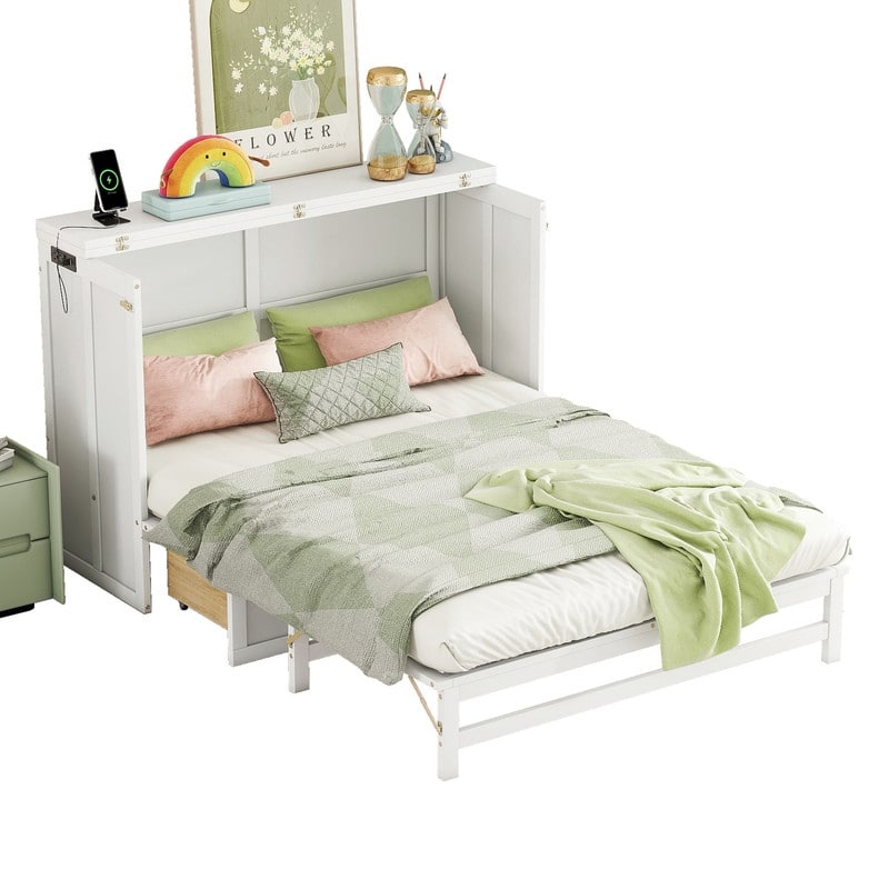 Murphy Bed Cabinet with Storage Drawer and Charging Station, USB Port