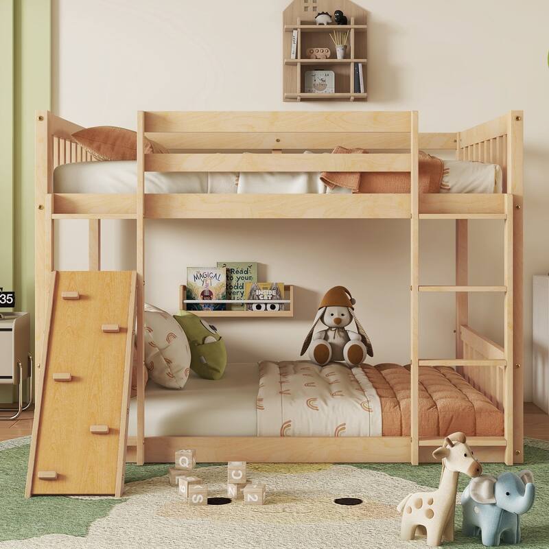 Twin Over Twin Low Bunk Bed Wooden Twin Size Loft Bed with Climbing Ramp, Ladder, Safety Guardrails