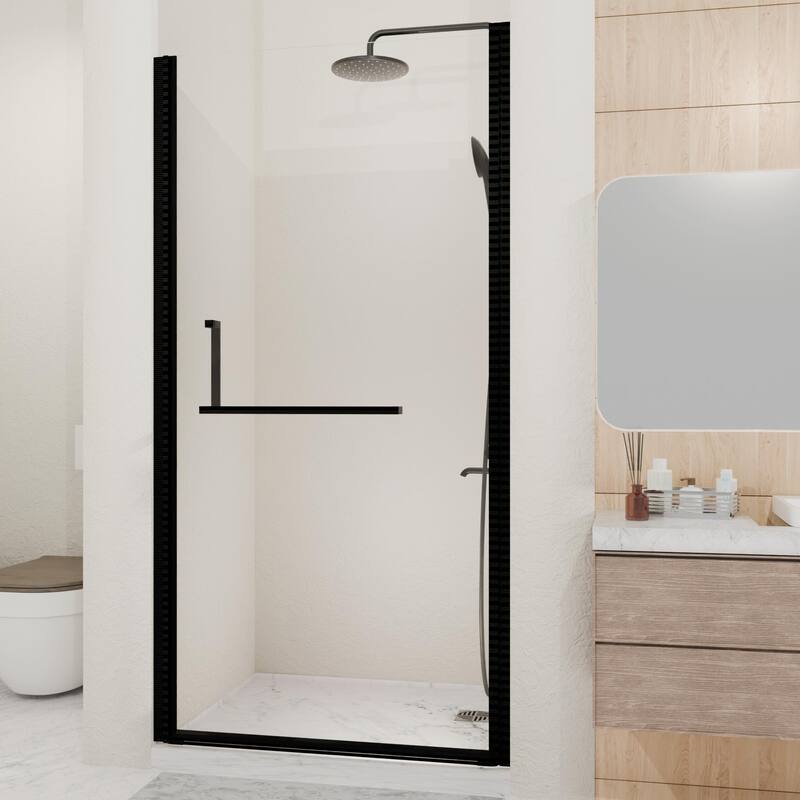 GDFStudio - Langford Semi-Frameless Pivot Shower Door with Tempered Glass Adjustable Width - Matte Black