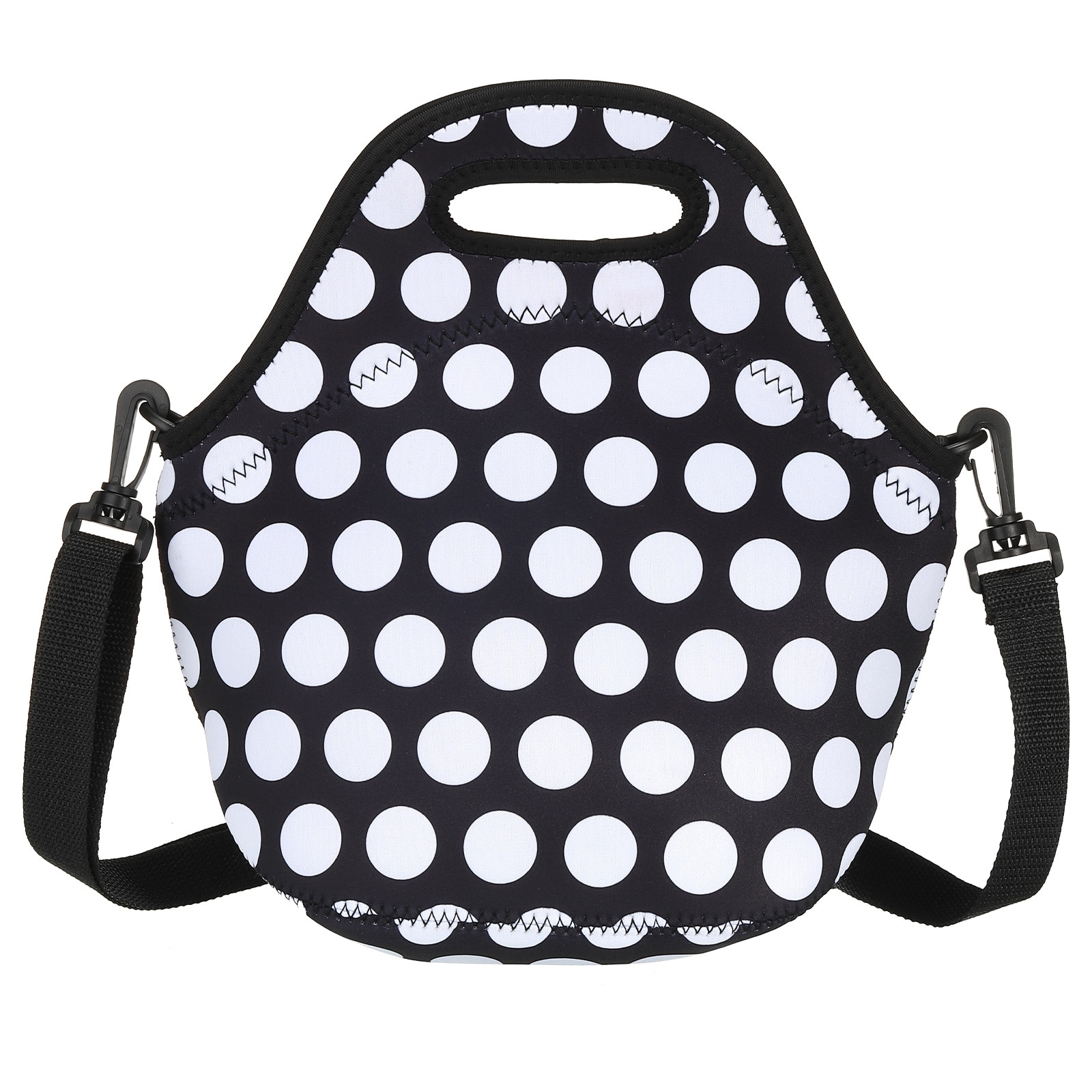 Neoprene Lunch Tote Bag with Shoulder Strap, White Circle Pattern