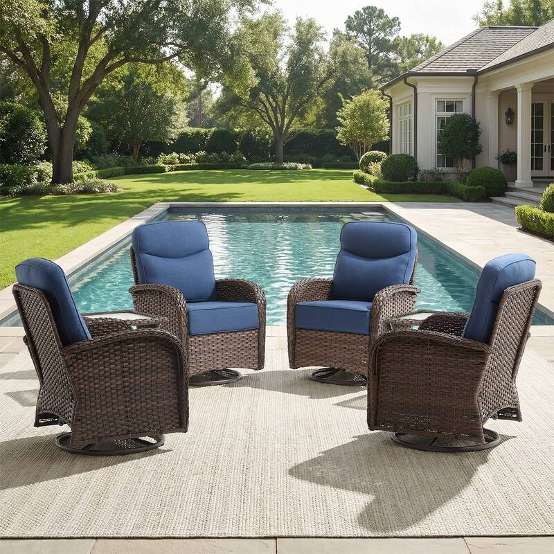 Pocassy Outdoor Wicker Patio Swivel Chair with Ottoman Sets - Brown Wicker Blue Cushion - 6-Piece Swivel Chair with Side Table