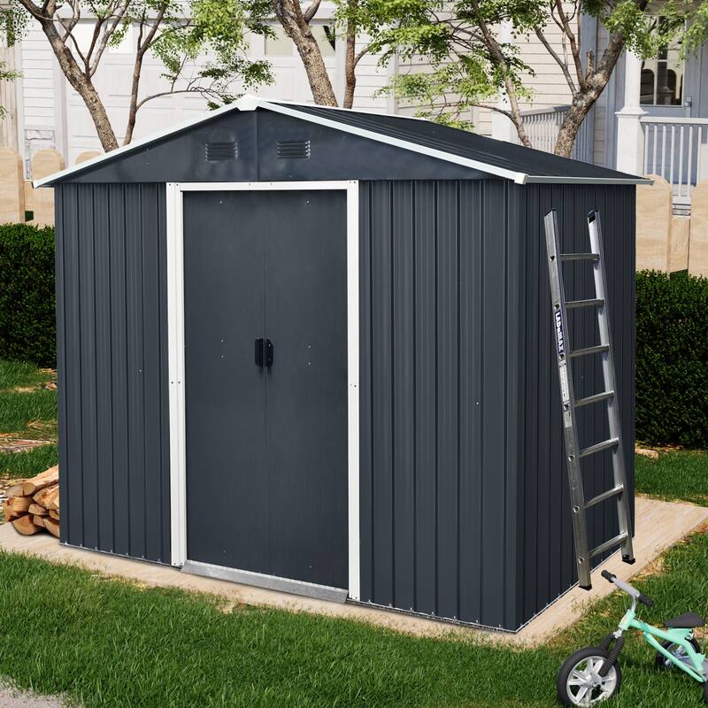 8ft x 4ft Outdoor Metal Storage Shed with Sliding Door and foundation for Backyard, Patio, Lawn - Black White