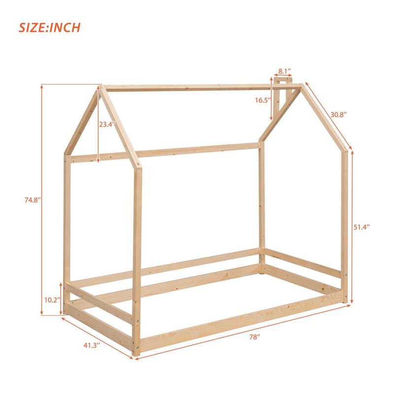 Twin Size House Bed with Roof, Playhouse Design, and Pinewood Frame