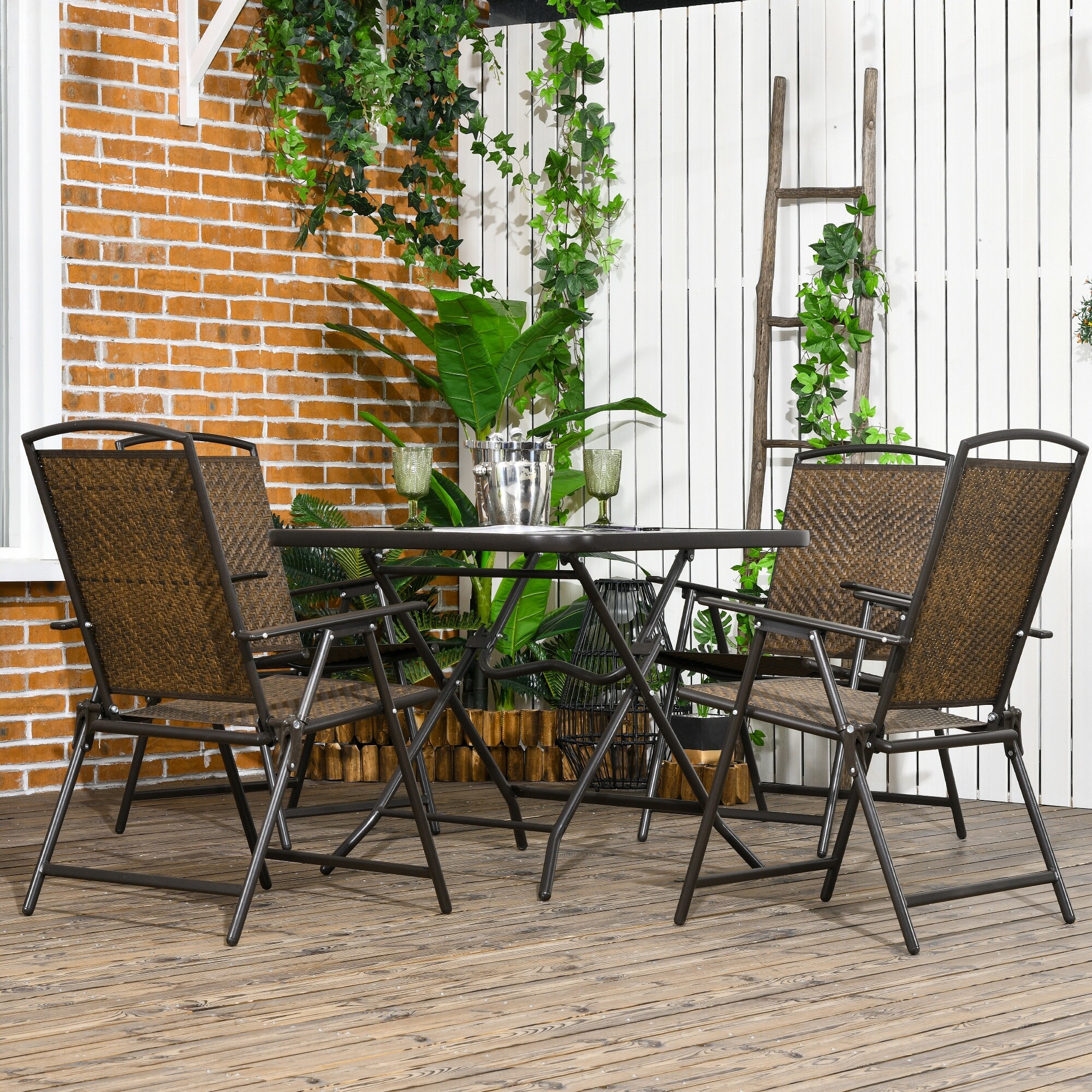 Outsunny 5 Pieces Wicker Patio Dining Set Foldable Outdoor Table and Chairs Wicker Furniture Dining Set with Umbrella Hole