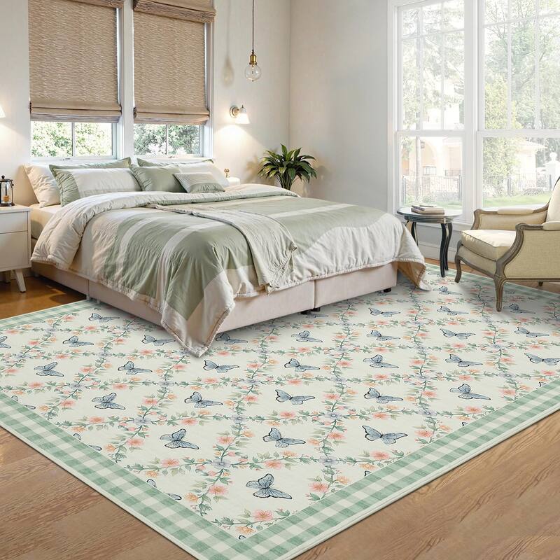 Butterfly Pattern Rugs for Living Room, Modern Floral Area Rug, Washable Border Plaid Non Slip Floor Carpet