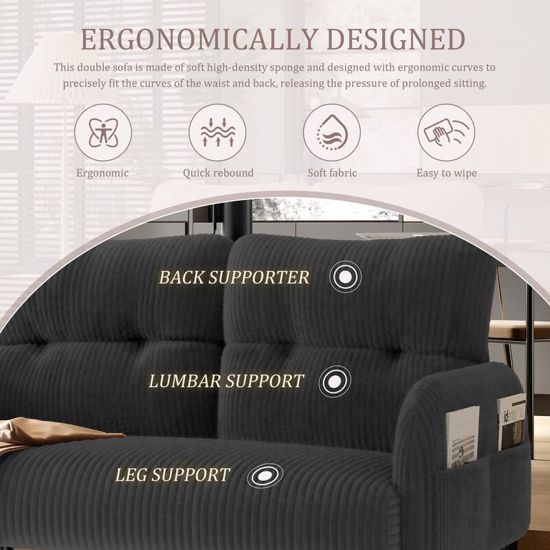 HOMEFUN Corduroy Upholstered Tufted Comfortable Wood Frame Loveseats Sofa with Double Side Pocket