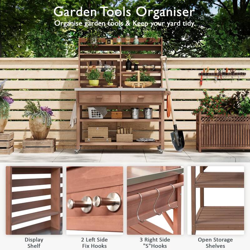 64.9"H Outdoor Potting Table with Lockable Wheels,Solid Wood Kitchen Island with Upper Hutch,Stainless Steel Top,Towel Rack