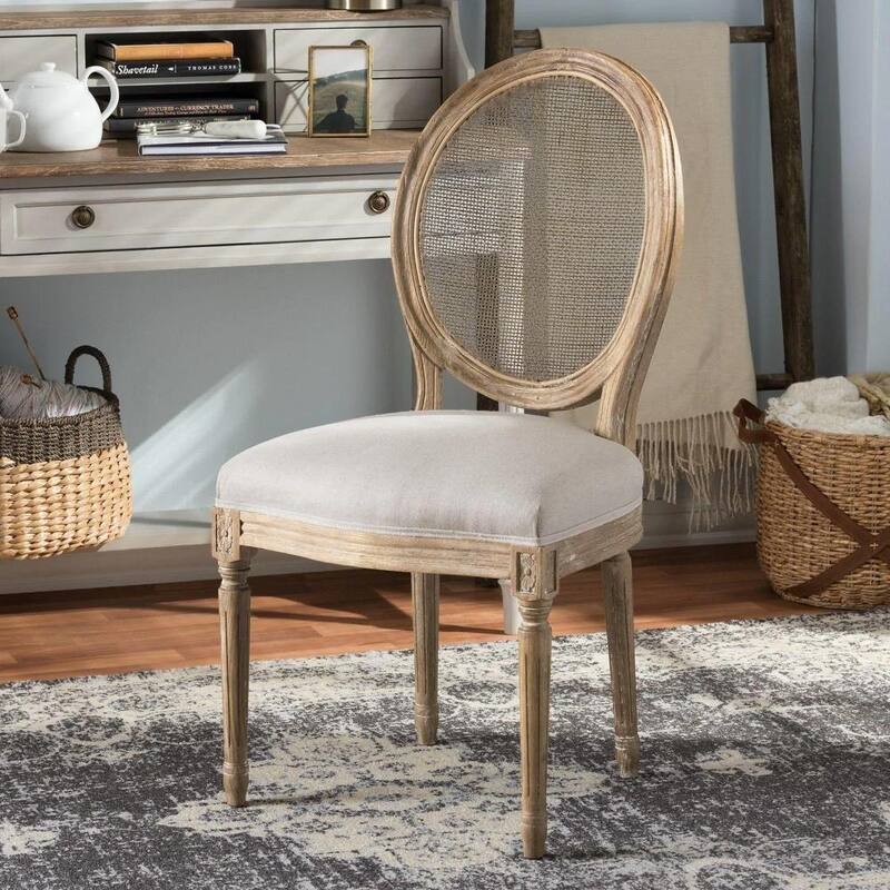 French Chic Vintage Dining Side Chair With Upholstered Linen Welted Fabric And Elegant Natural Rustic Wood Frame