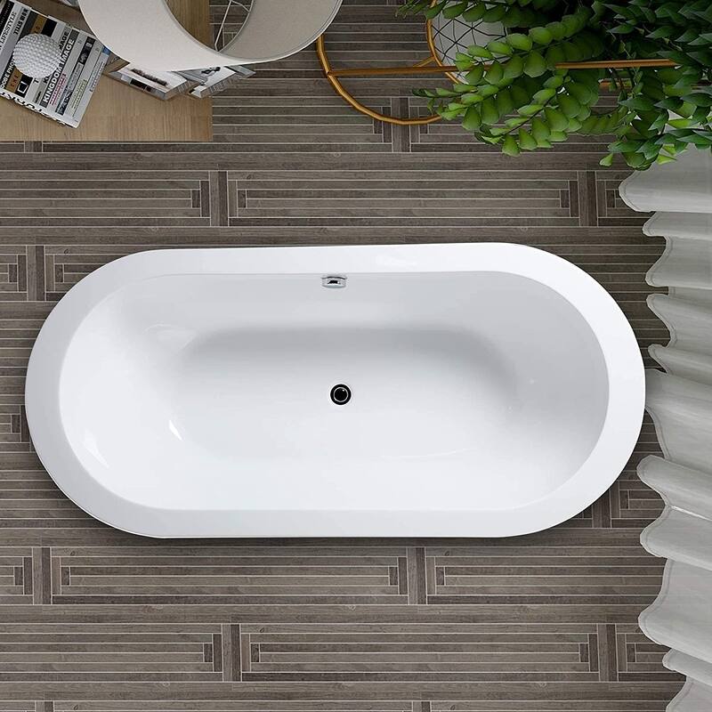 Vanity Art 71-inch Freestanding Acrylic Bathtub Stand Alone Soaking Tub with Polished Chrome Round Overflow & Pop-up Drain - 71
