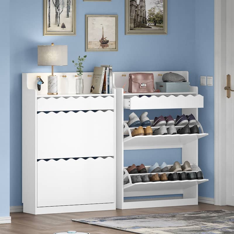 16 Pairs Shoe Storage Cabinet Freestanding Shoe Rack Organizer with 2 Flip Drawers for Entryway - 2-Tier