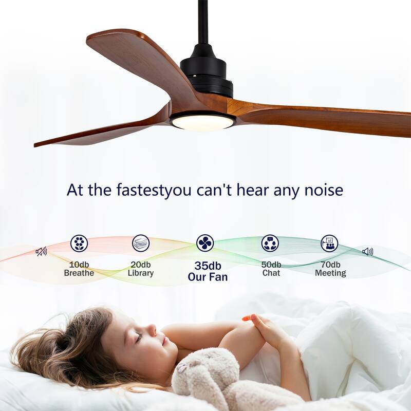 52 Inch Modern Black Ceiling Fan With Light 3 Solid Wood Blades Remote Control Reversible DC Motor With Dimmable LED