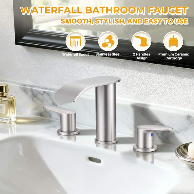 WOWOW 8 in.Double Handle Waterfall Bathroom Faucet with Pop-up Drain