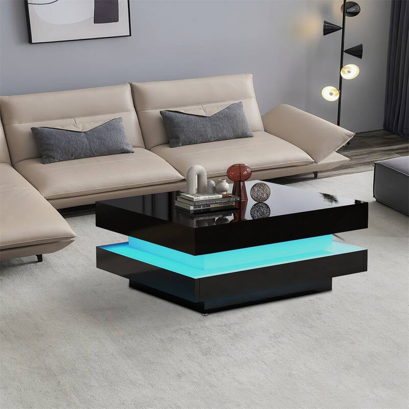 Minimalist Design High Gloss Wooden Square Coffee Table with LED Lights - Black
