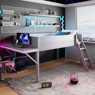 Low Loft Bed with Integrated Desk and LED Lights, Wood Gaming Loft Bed Frame with Angled Ladder, for Kids Girls Boys