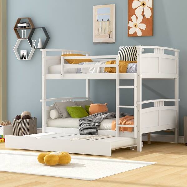 slide 2 of 9, Full Over Full Bunk Bed with Twin Size Trundle Separable Bunk Bed, Equipped with Safety Guardrails White