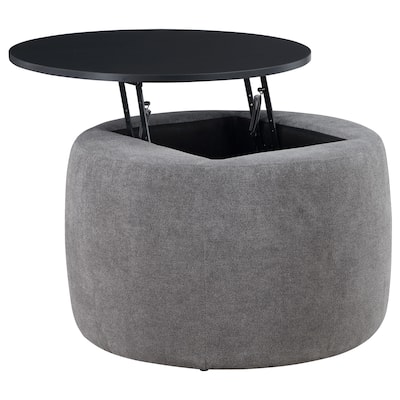Tesoro Upholstered Round Lift Top Storage Ottoman Grey and Black