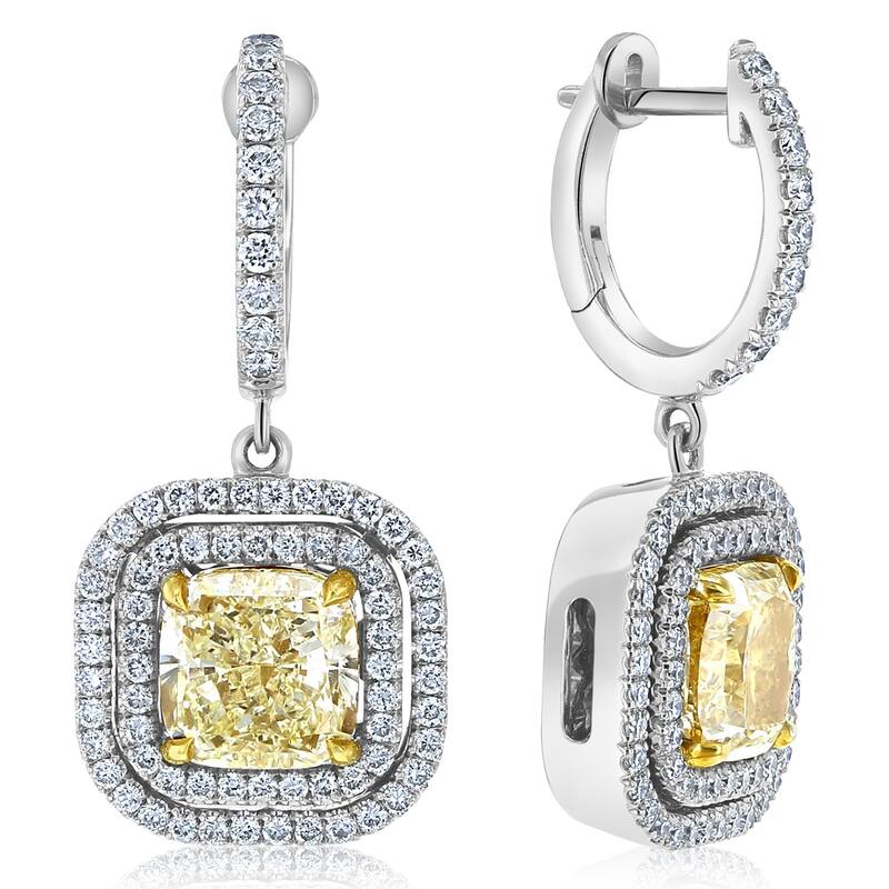 Kobelli 6.21 Carat Yellow Diamond 18k Solid White Gold Square Double Halo Liora Dangle Earrings