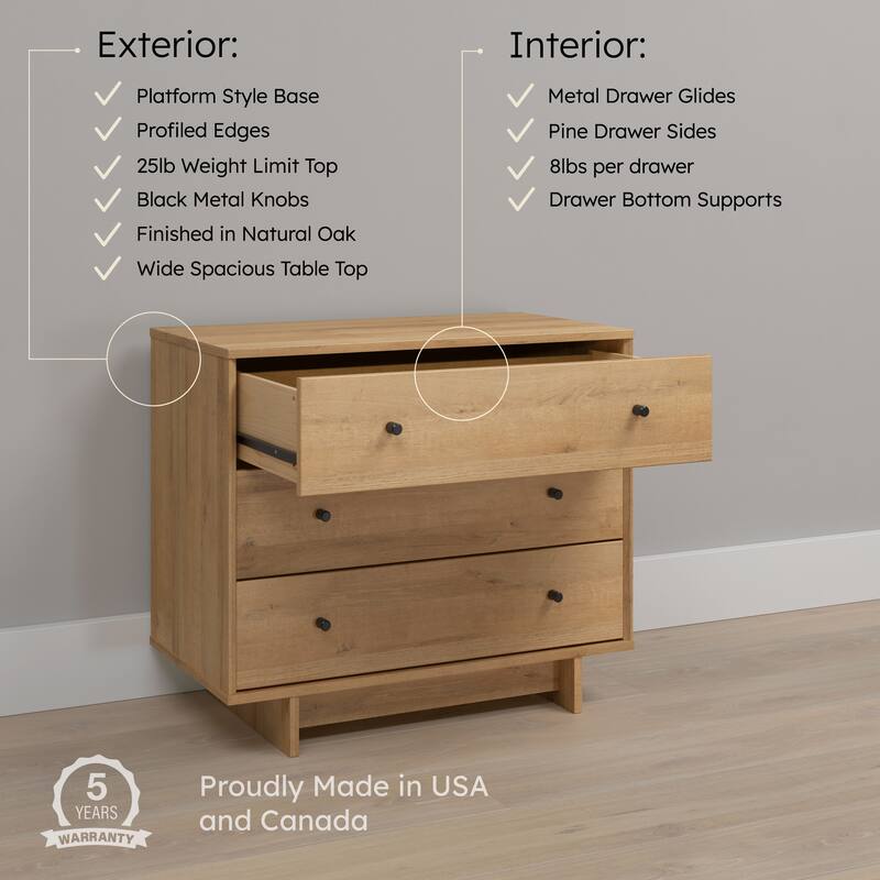 Prepac Finnley 3-Drawer 31" W Nightstand, Extra-Wide Bedside Table with Storage, Modern End Table for Home, Bedroom, Living Room