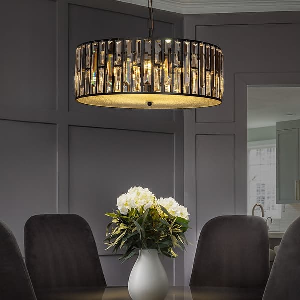 slide 2 of 7, 6- Light 20" Black Mondern Farmhouse Crystal Lantern Drum Chandeliers - 20.5" 20.5" - Black