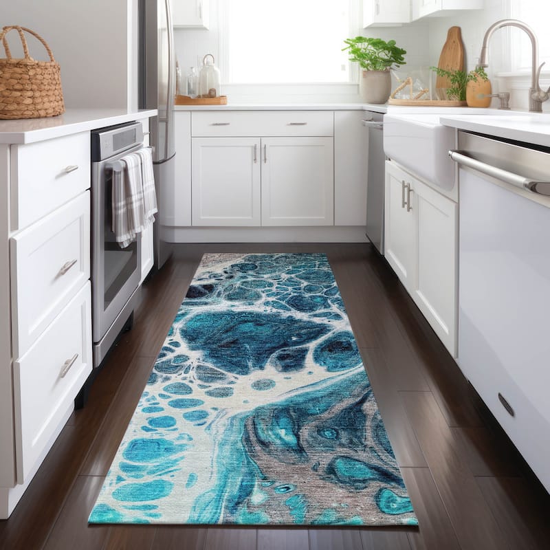 Machine Washable Indoor/ Outdoor Chantille Contemporary Rug - Teal - 2'3" x 7'6"