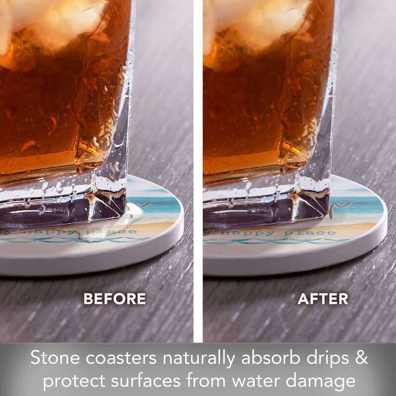 CounterArt My Happy Place Absorbent Stone Tumbled Tile Coaster Set of 4 Made in The USA Protective Cork Backing