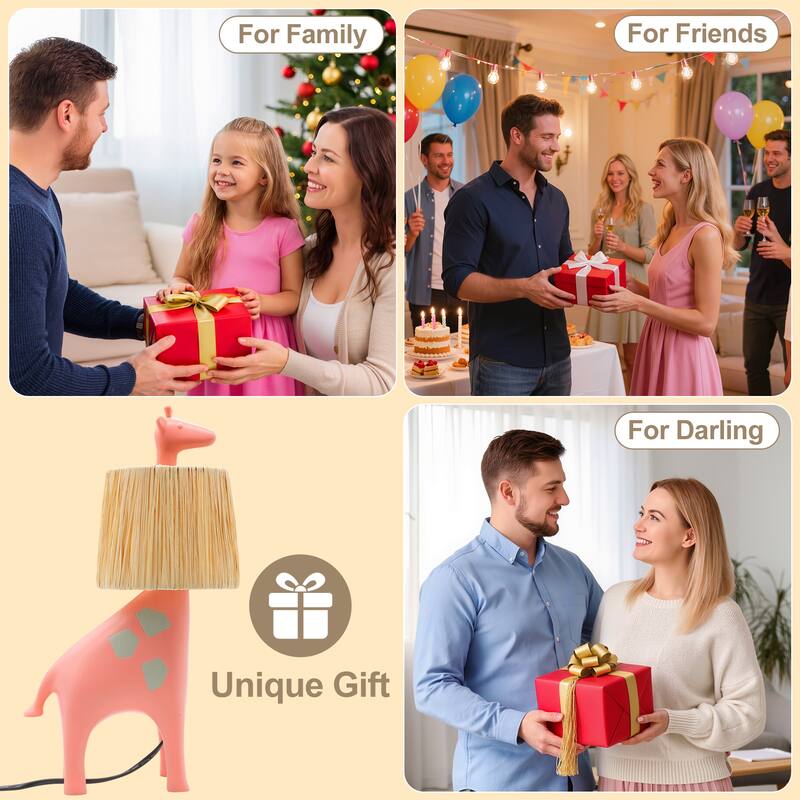 Giraffe Table Lamp with Handwoven Raffia Lampshade, LED Bedside Lamp with In-Line Switch, Resin Base