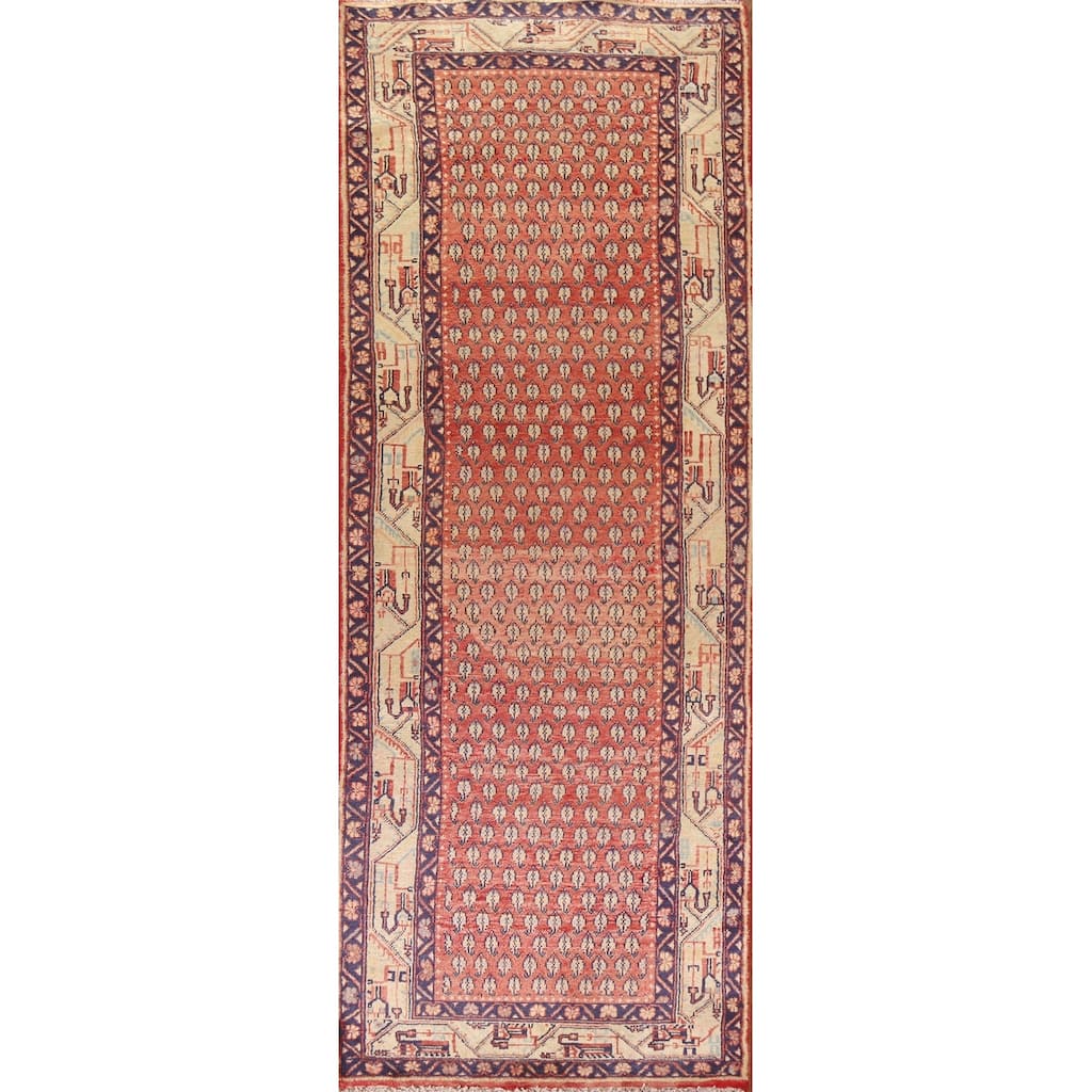 Hand Knotted Oriental 100% Wool Carpet Traditional All-Over Red Botemir Runner Rug - 10' 3'' X 3' 6''