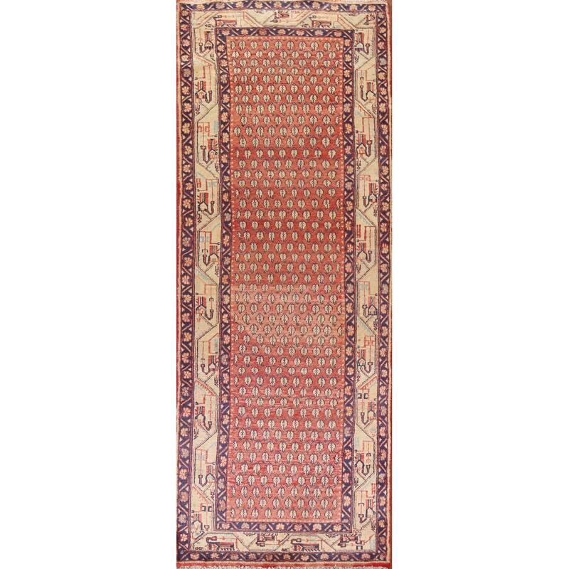 Hand Knotted Oriental 100% Wool Carpet Traditional All-Over Red Botemir Runner Rug - 10' 3'' X 3' 6''