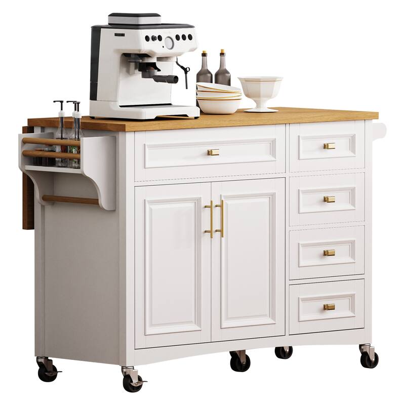 Kitchen Island with Drop Leaf, Adjustable Shelf, Spice Rack, Towel Rack, 2 Doors and 5 Drawers