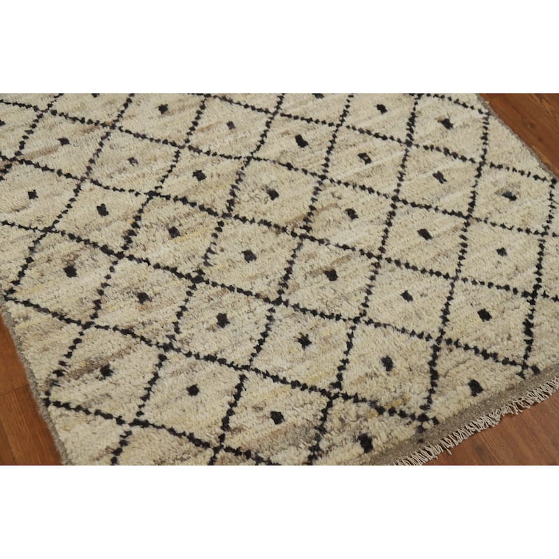 Trellis Beige Moroccan Oriental Runner Rug Hand-Knotted Wool Carpet - 3'6" x 12'10"