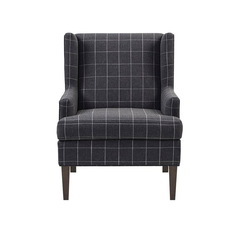 Roomfitters 360 Degree Swivel Accent Chair, Plaid Wingback Armchair, Upholstered Martha Stewart Lounge Seating, Charcoal Grey