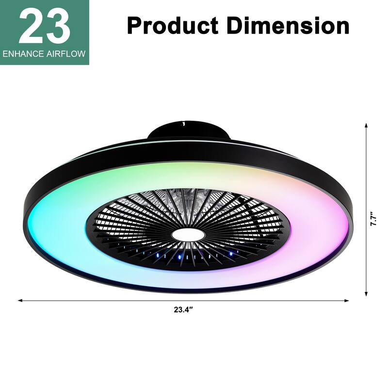 Cusp Barn 23 Inch Modern Low Profile RGB Ceiling Fan with Light, Smart Bladeless Flush Mount Enclosed Black Dimmable Ceiling Fan