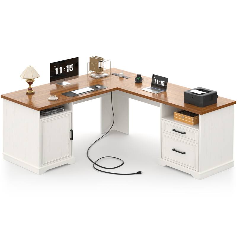 French Country L Shaped Desk with Charging Station, Office Computer Table with File Cabinet