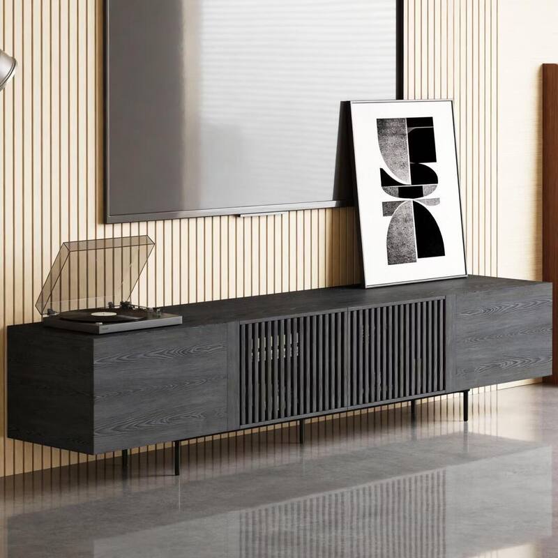 94.48 Inch Extra Long Black TV Stand with Slatted Doors, Modern Entertainment Center for TVs up to 100 Inches,