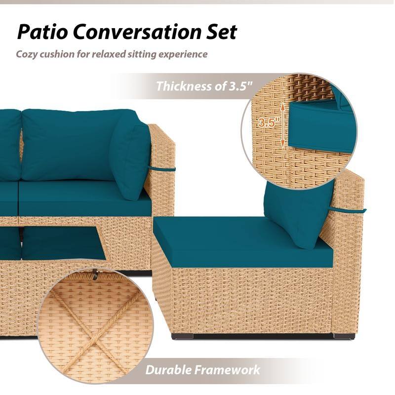 Patio Watcher 5-Pieces Yellow Rattan Conversation Set with Cusions for Outdoors