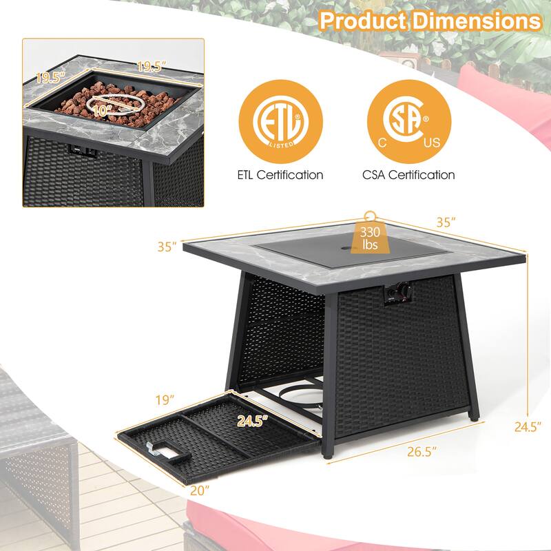 35'' Propane Gas Fire Pit Table Patio PE Wicker Rattan w/ Lava Rocks