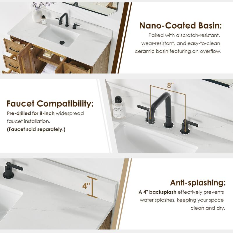 Clara Bathroom Vanity in Weathered Brown with Calacatta Truffle White Quartz Countertop No Mirror