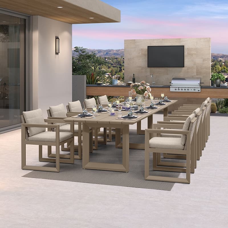 PURPLE LEAF Caesar Outdoor Dining Set Aluminum Luxury Patio Furniture with Olifen Removable Thick Cushion and Pillow-Khaki - N/A - 11-Piece（400）