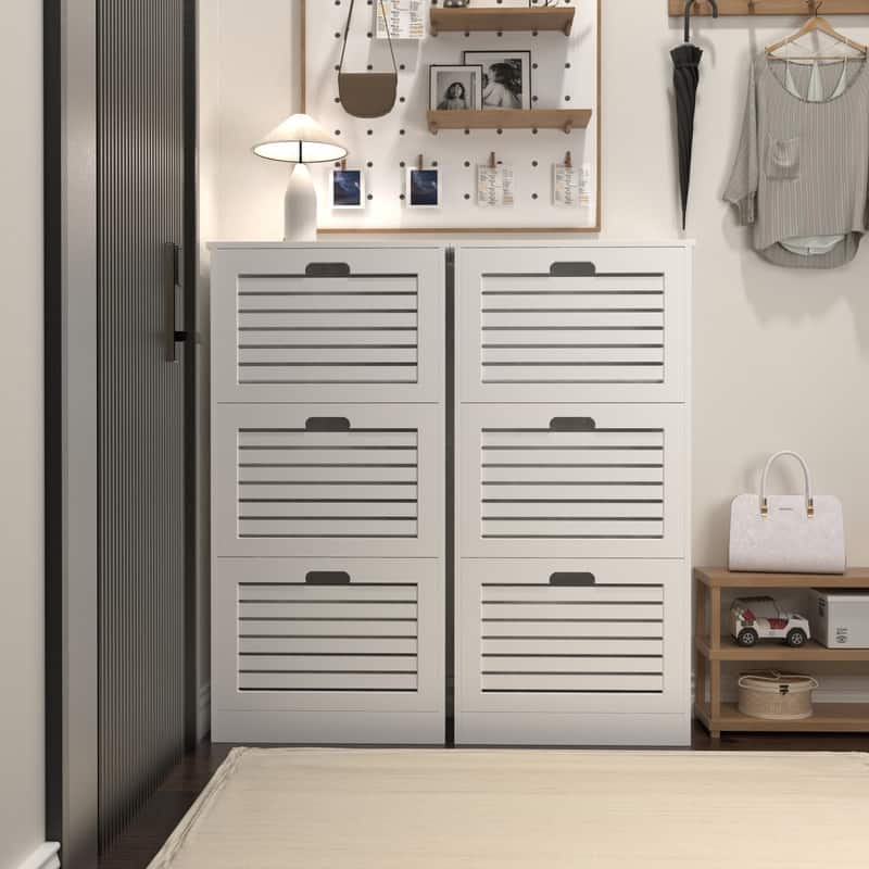Wooden Shoe Cabinet for Entryway, White Shoe Storage Cabinet with 3 Flip Doors
