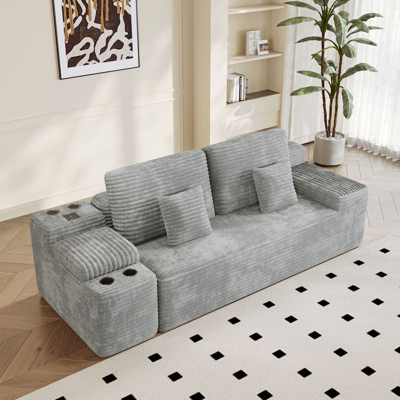 Corduroy Sectional Sofa with Ottomans, Console Table with Storage Box, Charging Station, Cup Holders and Bluetooth Speaker