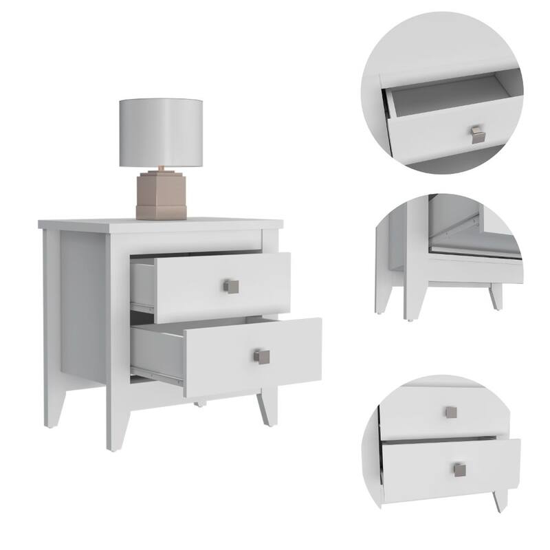 Modern Two-Shelf Nightstand with Drawers and Wooden Legs, White