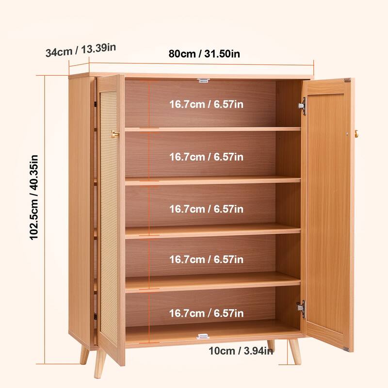 5 Tier Rattan Shoe Cabinet with Adjustable Shelves for Entryway Closet - 31.50 x 13.39 x 40.35 inches