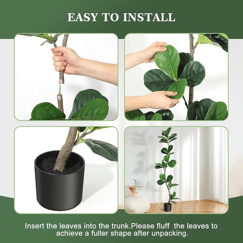 Artificial Fiddle Leaf Fig Tree, Fake Plant for Home Decor with Black Base