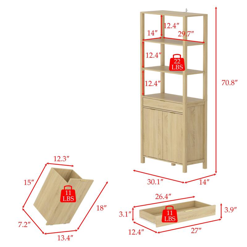 Tall Laundry Hamper Cabinet with Shelves and Drawer for Bathroom
