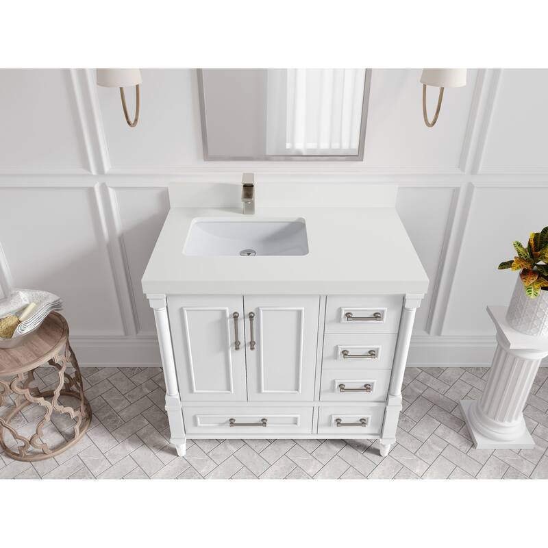 Willow Collections 36 in. W x 22 in. D Aberdeen Left Offset Sink Bathroom Vanity with Countertop - 2" White Quartz - White
