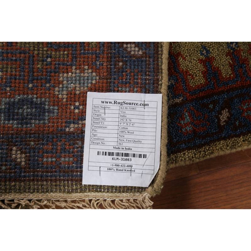 Green Geometric Viss Indian Runner Rug Hand-Knotted Wool Carpet - 2'6"x 9'7"