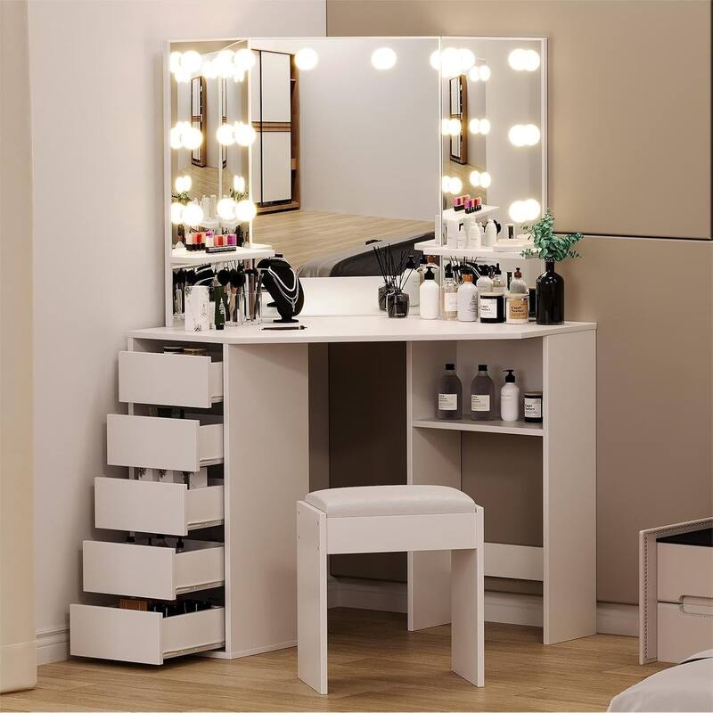 Vanity Desk with Mirror and Lights, Corner Makeup Vanity Desk